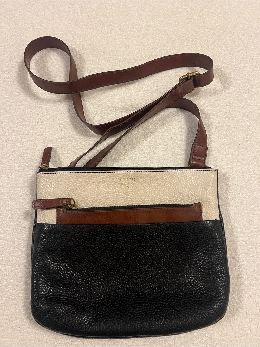 Fossil Leather Colorblock Crossbody - Black, Cream & Brown